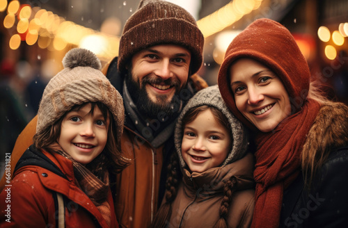 Family wearing hat at the street on Christmas background