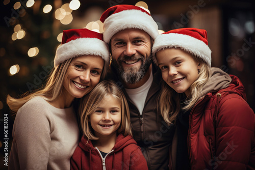 Family wearing Santa hats on Christmas background