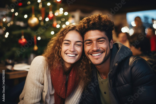 Couple taking a picture on Christmas background
