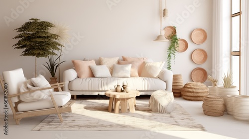 The stylish boho composition at living room interior with design beige sofa, coffee table, wicker baskets and elegant personal accessories. Brown and white pillows and plaid Cozy apartment. Home decor