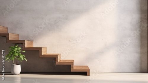 A 3D rendered  mockup of ecologically-styled stairs  adorned with wooden accents  situated near a pale  cement wall.