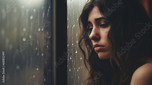 A despondent female meditates on life's mysteries and the loveliness of sorrows while gazing out the rain-streaked window.