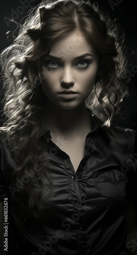 black and white portrait of a young girl in the style of dark atmosphere realistic hyperdetailed portraits - AI generated