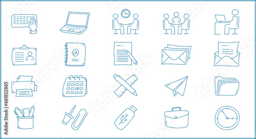 Set of hand drawn workspace icon design. Doodle set workspace icon