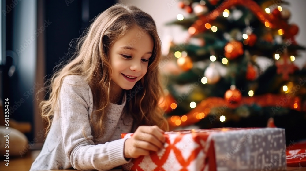 Girl holding gift box on Christmas background Girl holding gift box on Christmas background