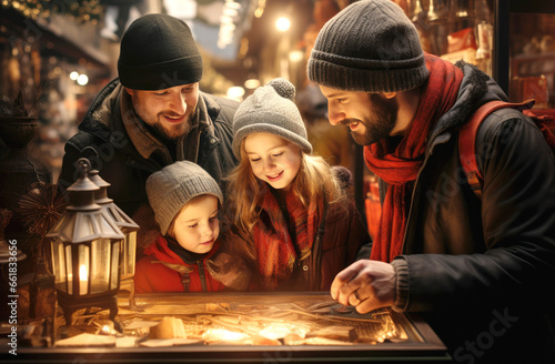 Dad and kids at the street on Christmas background