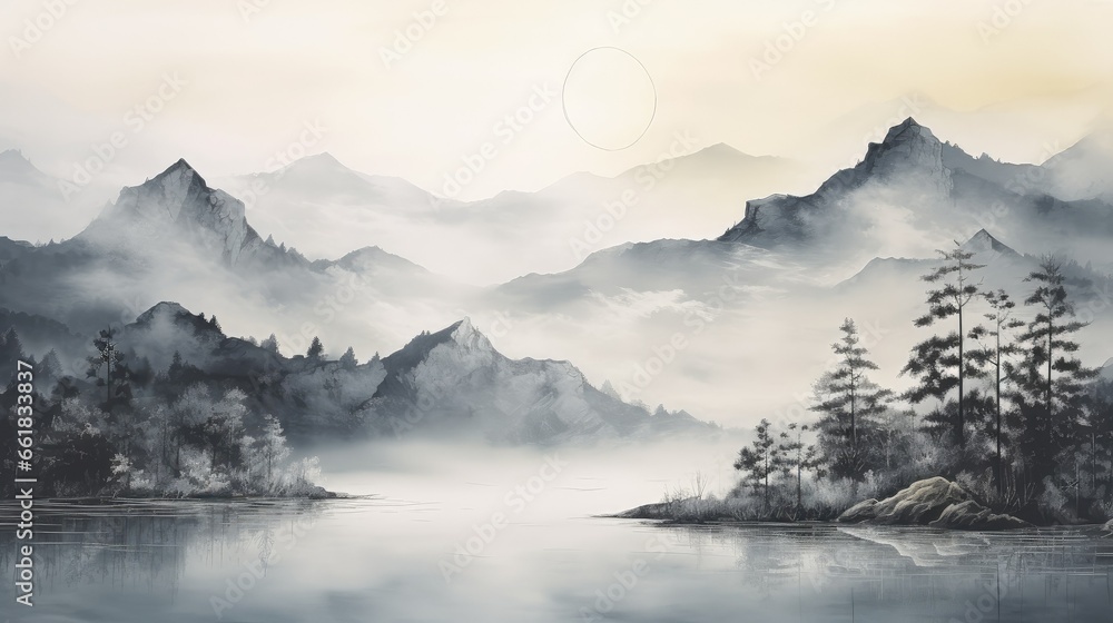 Fototapeta premium Abstract art landscape mountains ink painting