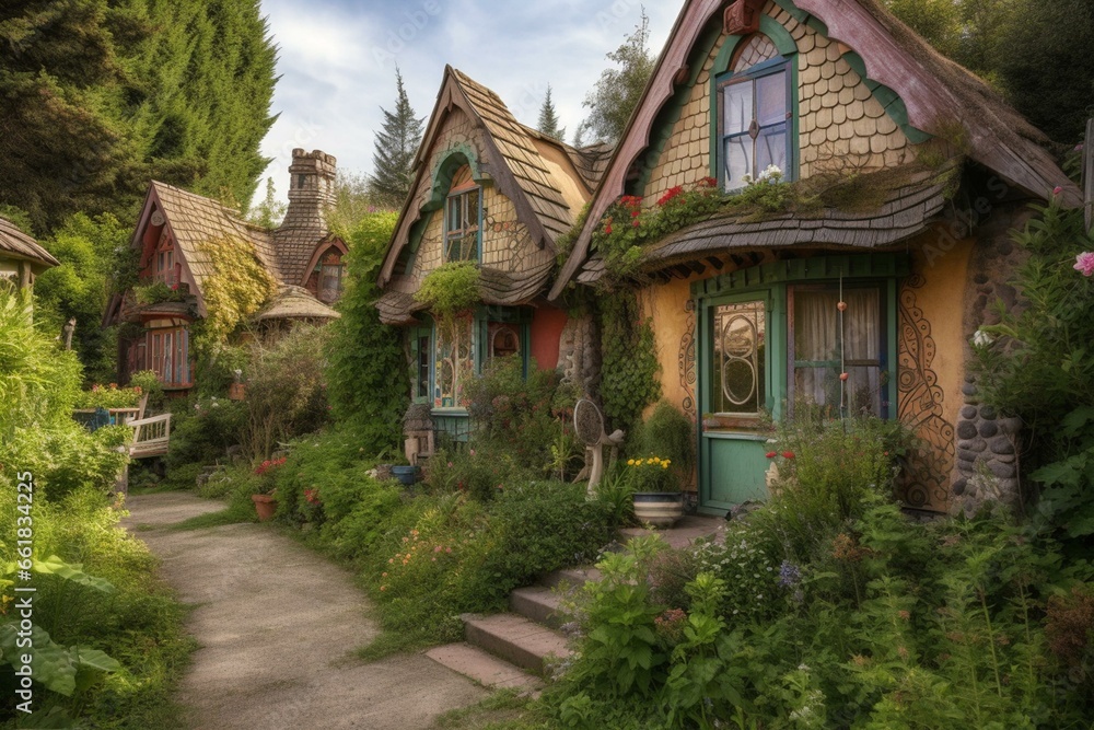 Charmingly whimsical cottages in a magical town. Generative AI