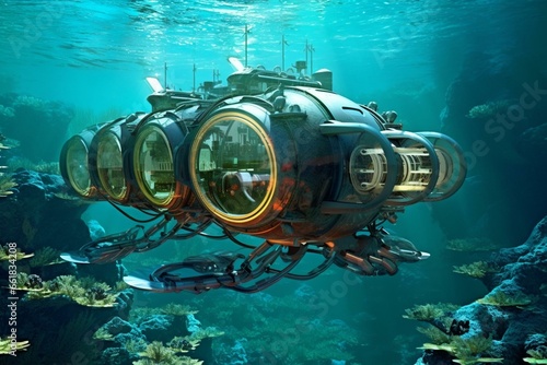 Underwater exploration vehicle in a digitally enhanced, futuristic setting. Generative AI © Anthony
