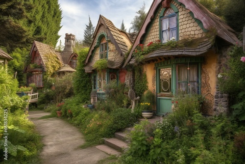 Charmingly whimsical cottages in a magical town. Generative AI