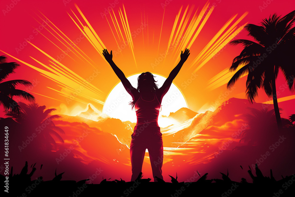 In an illustrated setting, an empowered woman exudes triumph and happiness, arms raised high atop a mountain, set against lakes and mountains during sunset. Generative AI.