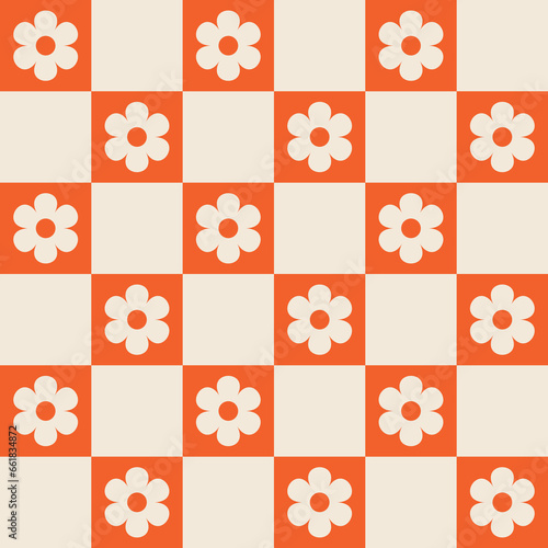 1960s, 1970s retro groovy checkered seamless pattern, 60s, 70s geometric and floral vector illustration