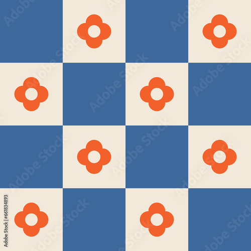 1960s, 1970s retro groovy checkered seamless pattern, 60s, 70s geometric and floral vector illustration