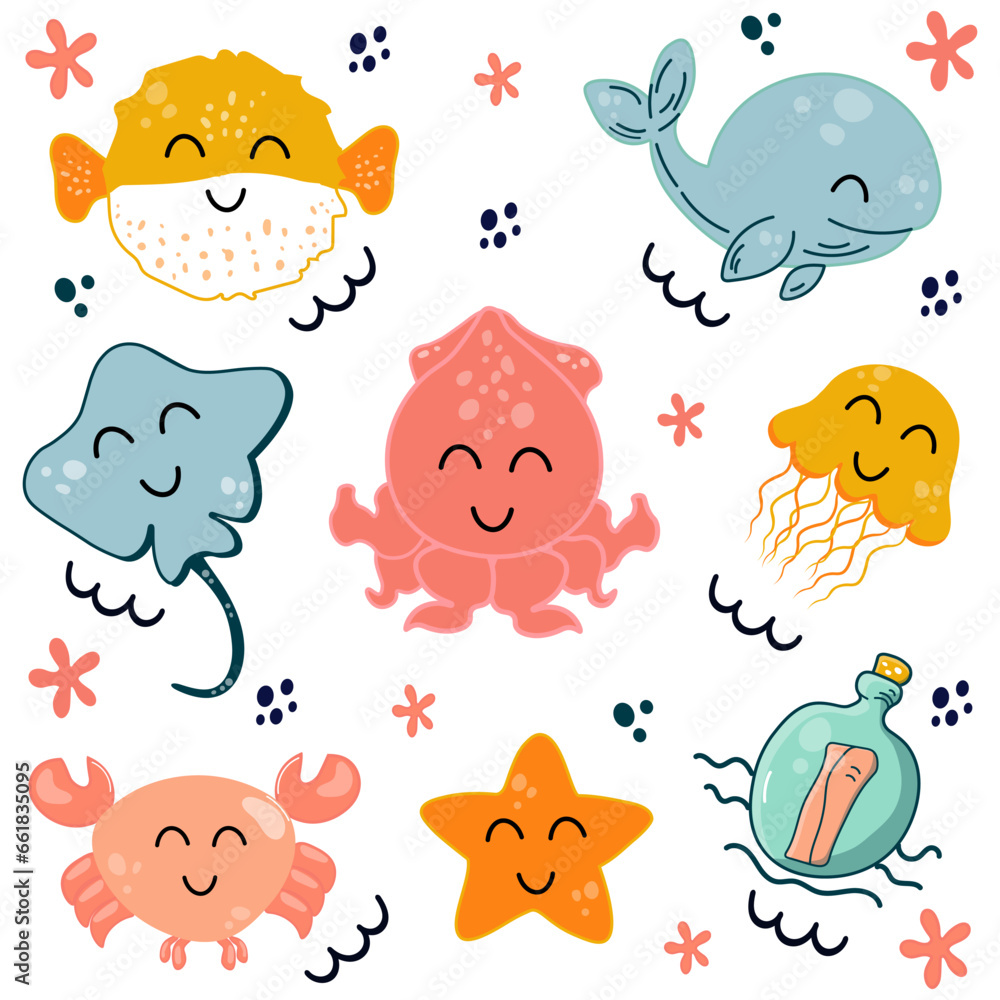 Naklejka premium Set with hand drawn sea life characters. Funny sea animals big set. Fish and wild marine animals are isolated on white background. Vector doodle cartoon set of marine life objects for your design.