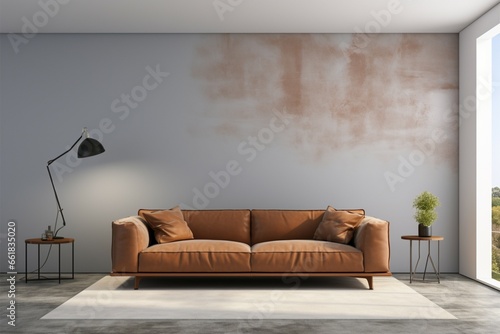 Contemporary living room with an empty gray wall for artwork