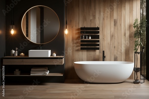 Contemporary luxury bathroom with wooden texture, hanging lamps, and elegance