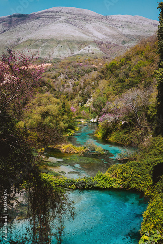 Blue eye water spring in Albania mountains and turquoise river landscape blooming trees nature travel Balkans beautiful destinations
