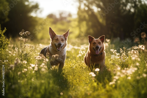 Witness the pure joy as two delightful dogs play in a springtime field radiating happiness. Ai generated © dragomirescu