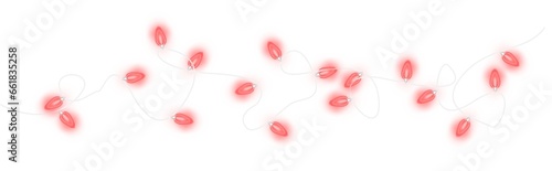 Coral red christmas glowing garland. Christmas lights. Colorful Christmas garland. The light bulbs on the wires are insulated. PNG.