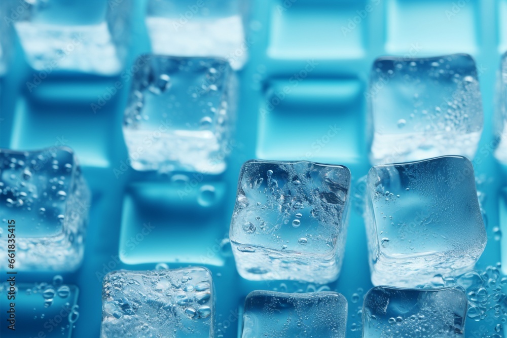Crystal ice cubes, adorned with drops, set against a blue background Crystal ice cubes, adorned with drops, set against a blue background