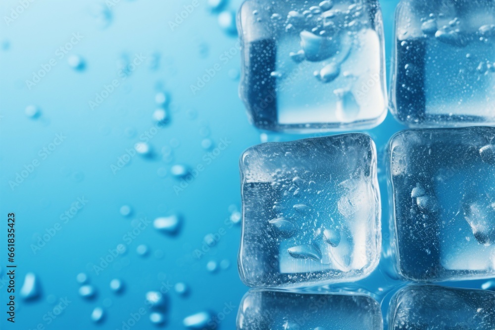 Crystal ice cubes, adorned with drops, set against a blue background Crystal ice cubes, adorned with drops, set against a blue background