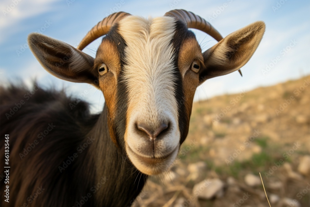 Curious goat gazes into the lens, a charming, candid moment Curious goat gazes into the lens, a charming, candid moment