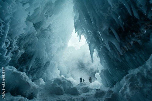 Ceiling covered in snow, glistening ice in polar cave. Generative AI