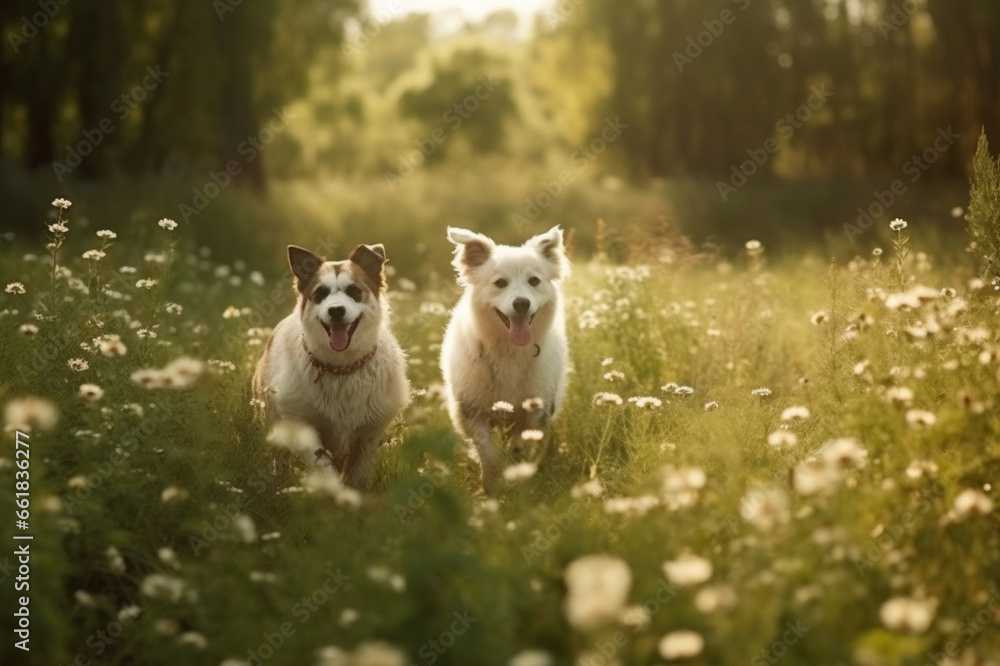 Witness the pure joy as two delightful dogs play in a springtime field radiating happiness. Ai generated