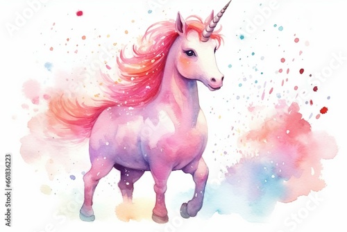 Adorable unicorn poster for kids featuring watercolor illustrations of princess unicorns. Trendy pink cartoon magic horse. Generative AI