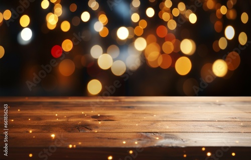 Festive empty scene wooden table, bokeh lights, and New Year