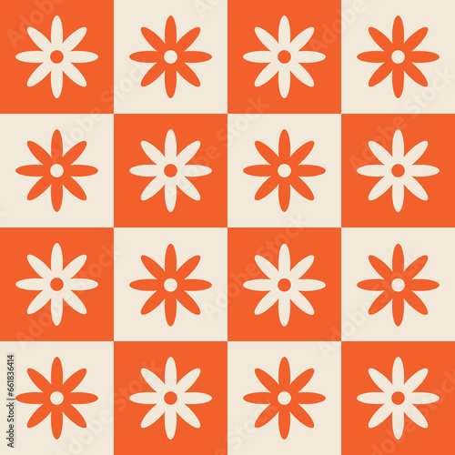 1960s, 1970s retro groovy checkered seamless pattern, 60s, 70s geometric and floral vector illustration