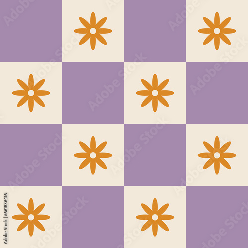 1960s, 1970s retro groovy checkered seamless pattern, 60s, 70s geometric and floral vector illustration