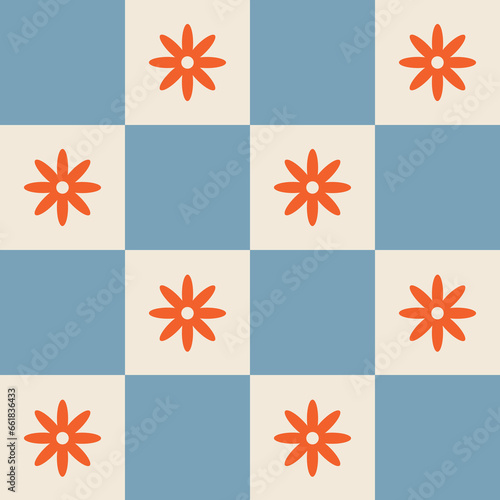 1960s, 1970s retro groovy checkered seamless pattern, 60s, 70s geometric and floral vector illustration