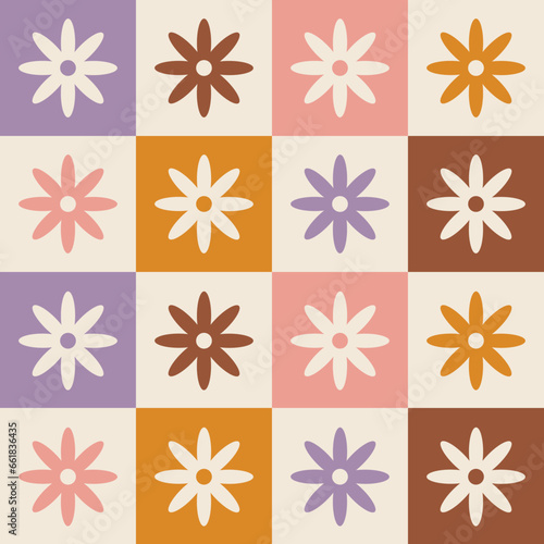 1960s, 1970s retro groovy checkered seamless pattern, 60s, 70s geometric and floral vector illustration