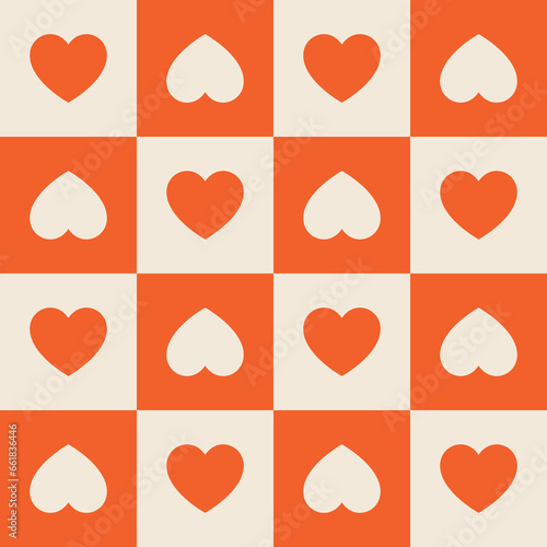 1960s, 1970s retro groovy checkered seamless pattern, 60s, 70s geometric and heart vector illustration