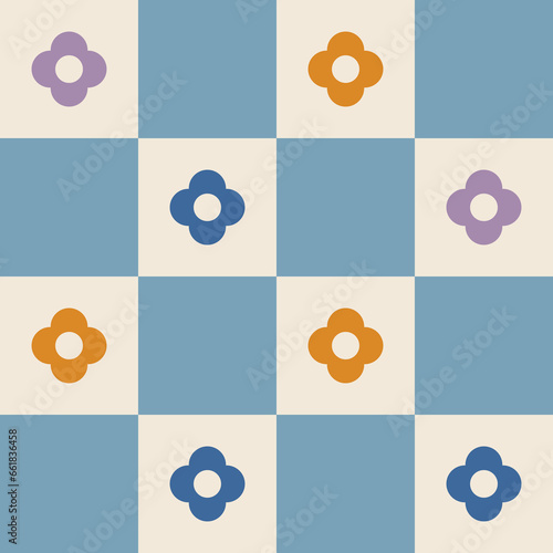 1960s, 1970s retro groovy checkered seamless pattern, 60s, 70s geometric and floral vector illustration