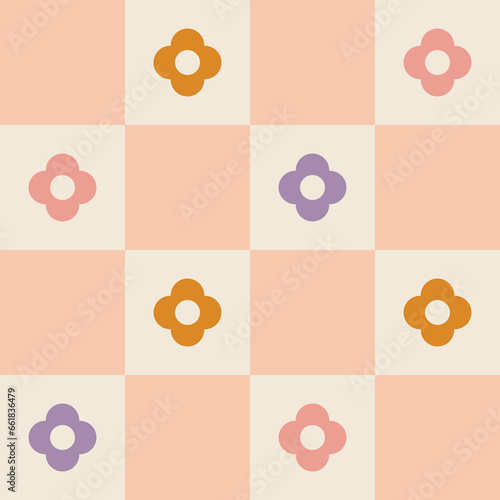 1960s, 1970s retro groovy checkered seamless pattern, 60s, 70s geometric and floral vector illustration