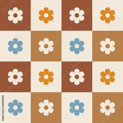 1960s, 1970s retro groovy checkered seamless pattern, 60s, 70s geometric and floral vector illustration