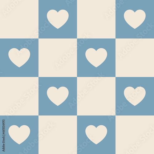 1960s, 1970s retro groovy checkered seamless pattern, 60s, 70s geometric and heart vector illustration