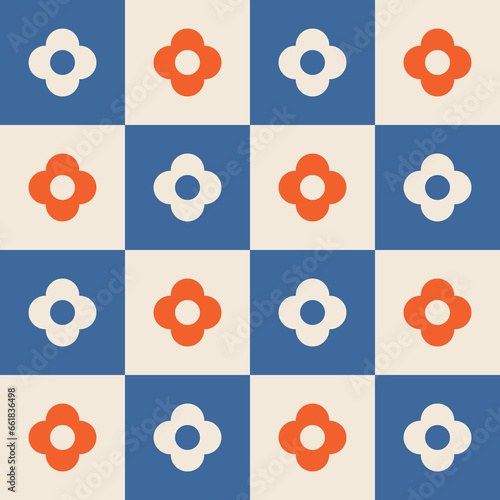 1960s, 1970s retro groovy checkered seamless pattern, 60s, 70s geometric and floral vector illustration
