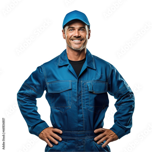 A Caucasian mechanic in a blue jumpsuit, with a smear of grease on their cheek, holding a wrench, stands assertively against an immaculate white background
