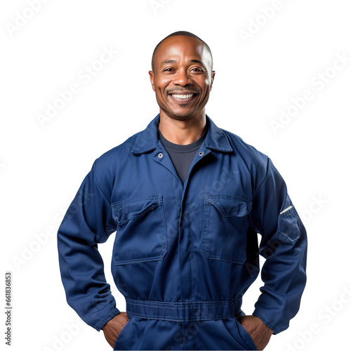 An Afro-American mechanic in a blue jumpsuit, with a smear of grease on their cheek, holding a wrench, stands assertively against an immaculate white background