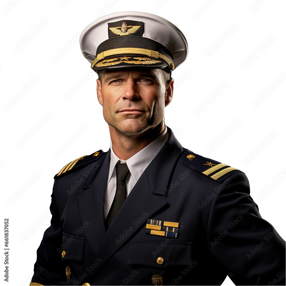 A Caucasian airline pilot, dressed in a navy blue uniform with gold stripes, epaulettes, and pilot's cap, looks forward with authority, on transparent background A Caucasian airline pilot, dressed in a navy blue uniform with gold stripes, epaulettes, and pilot's cap, looks forward with authority, on transparent background