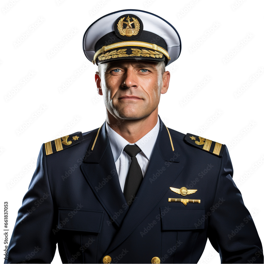 A Caucasian airline pilot, dressed in a navy blue uniform with gold stripes, epaulettes, and pilot's cap, looks forward with authority, on transparent background A Caucasian airline pilot, dressed in a navy blue uniform with gold stripes, epaulettes, and pilot's cap, looks forward with authority, on transparent background