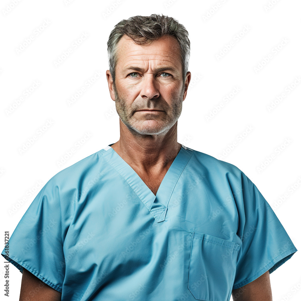 Portrait of a dedicated surgeon, dressed in surgical scrubs, showing a focused demeanor, on transparent background Portrait of a dedicated surgeon, dressed in surgical scrubs, showing a focused demeanor, on transparent background