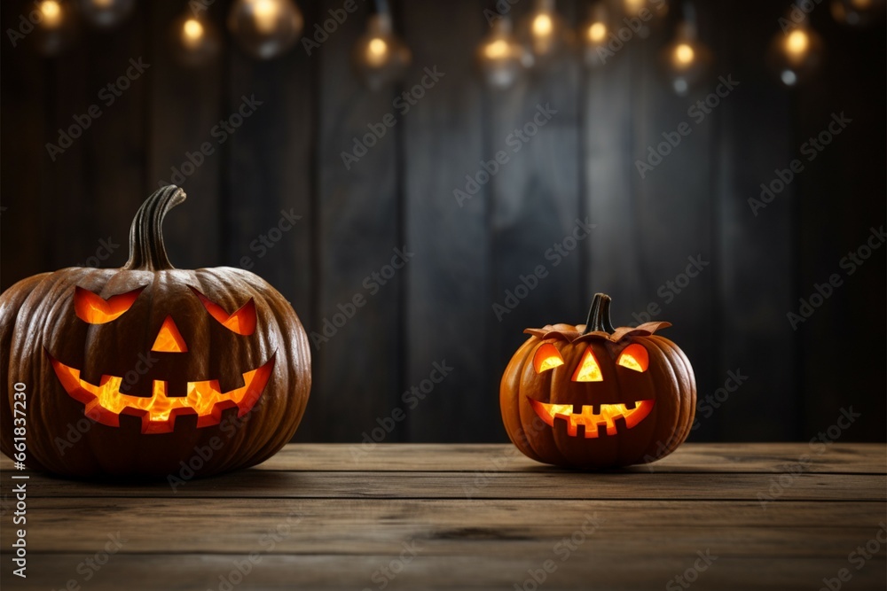 Fototapeta premium Halloween themed wooden table with a jack o lantern for creative presentations