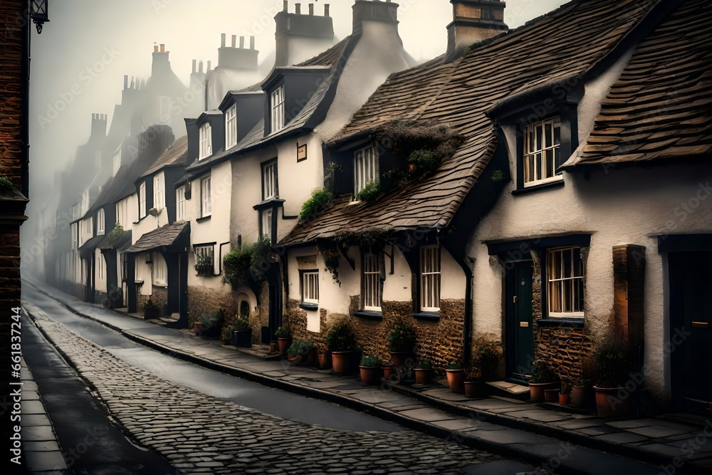 Old england street traditional small houses under fog gulliver british weather
