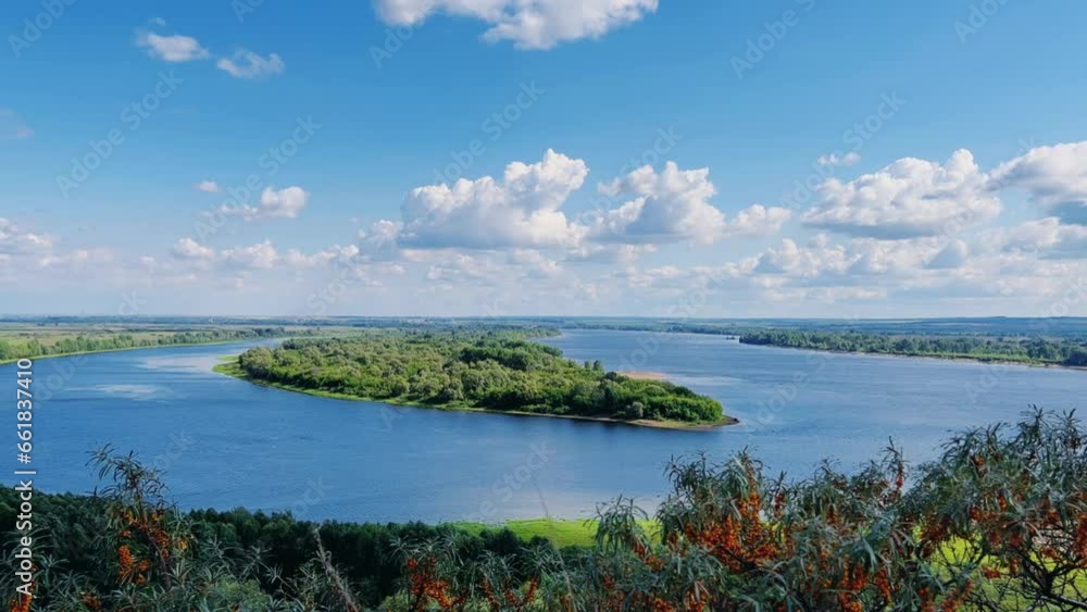 Picturesque view of the Kama River from the observation deck at the Yelabuga settlement. The movement of clouds over the river. Lower Kama National Park. Yelabuga, Republic of Tatarstan, Russia, 4K Picturesque view of the Kama River from the observation deck at the Yelabuga settlement. The movement of clouds over the river. Lower Kama National Park. Yelabuga, Republic of Tatarstan, Russia, 4K