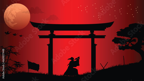 illustration vector graphic of Ninja, Assassin, Samurai training at night on a full moon. Perfect for wallpaper, poster, etc.