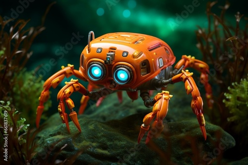 A cute crab robot glows in the dark in its natural habitat. Generative AI